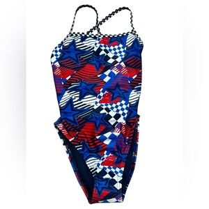 Speedo olympic Overdrive Double X Back blue Red Star Swimsuit size‎ 30 small